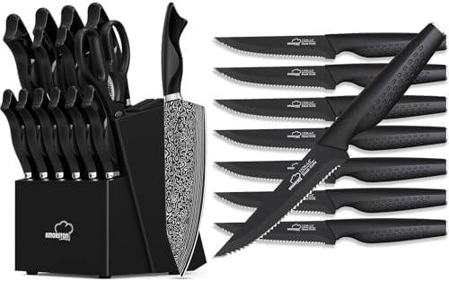 15-Piece Block Set and 8 Steak Knives, Elegant Black